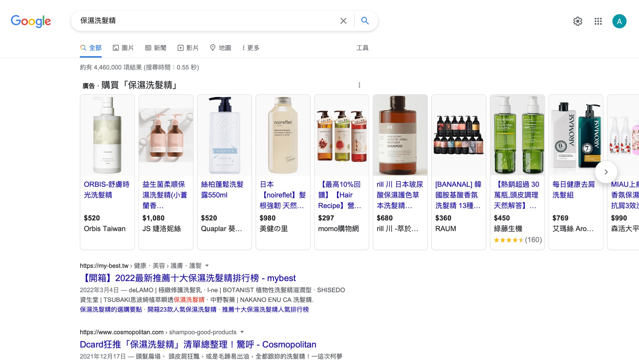 以「保濕洗髮精」為關鍵字搜尋，搜尋版位上方即為 Google 購物廣告