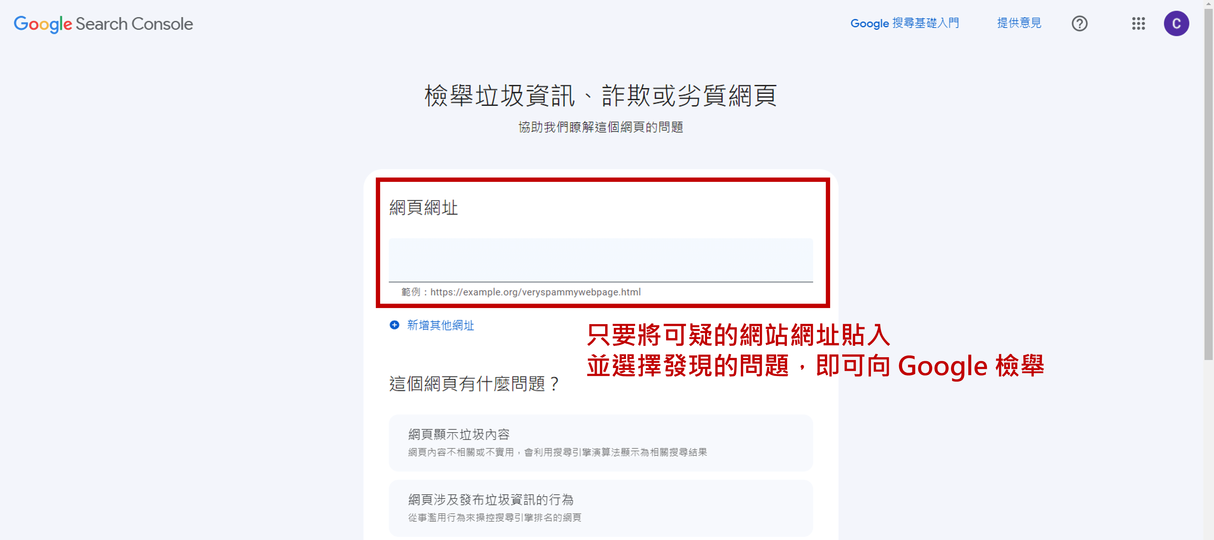 黑帽 SEO 網站 Google 檢舉頁面